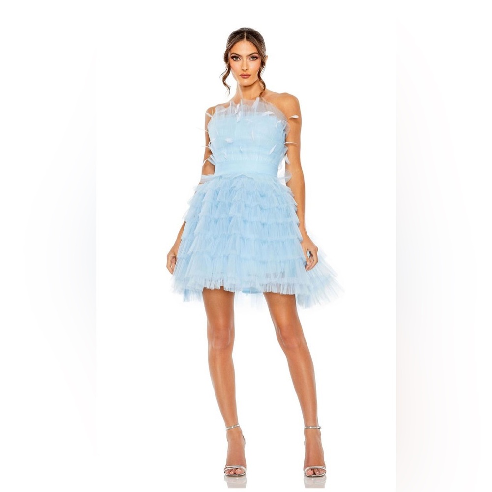NWT $798 MAC DUGGAL Blue Feathered Strapless Tulle Fit & Flare Size 8 Mini Dress